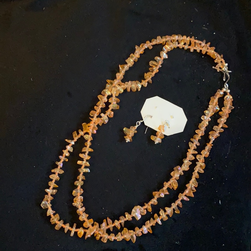 Peach glass chip bead necklace and earrings